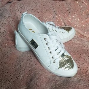 G by Guess White and Gold Sparkle Sneakers